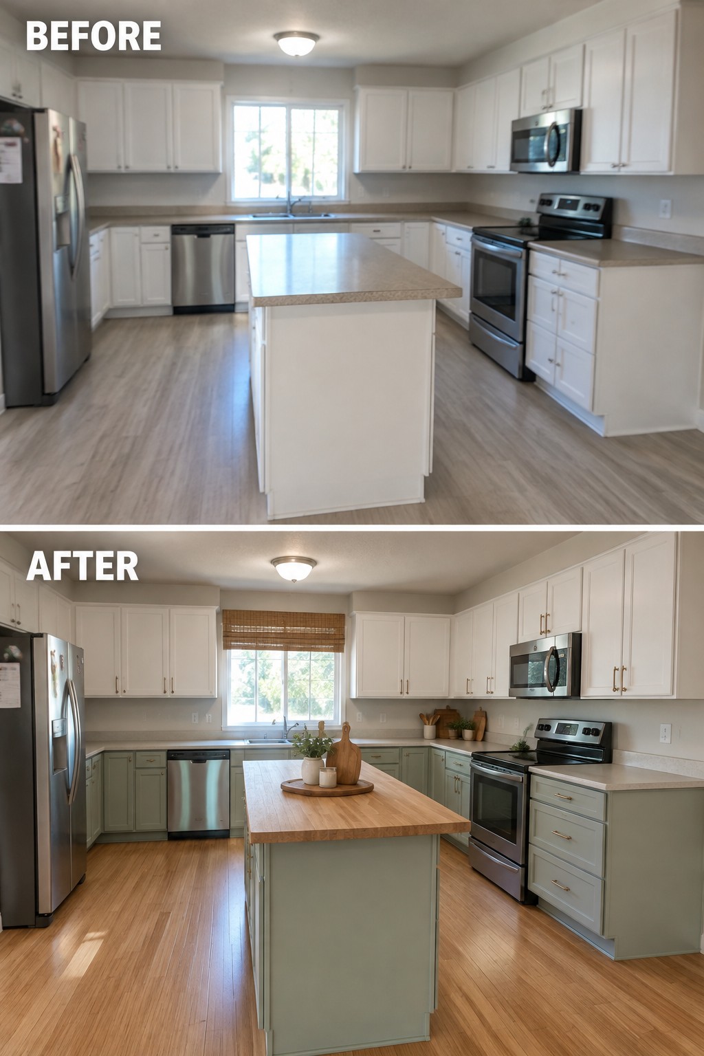 Before-and-after makeover image of a builder-grade kitchen updated with muted green lower cabinets, a wood island countertop, and warmer wood flooring.