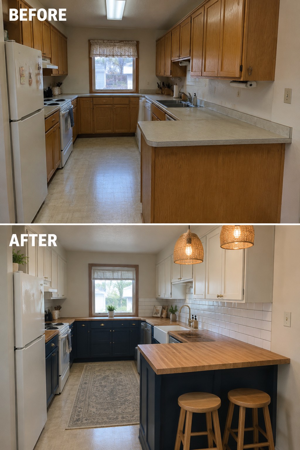 Before-and-after image of a narrow kitchen updated with white upper cabinets, navy lower cabinets, and a compact butcher-block island with seating.