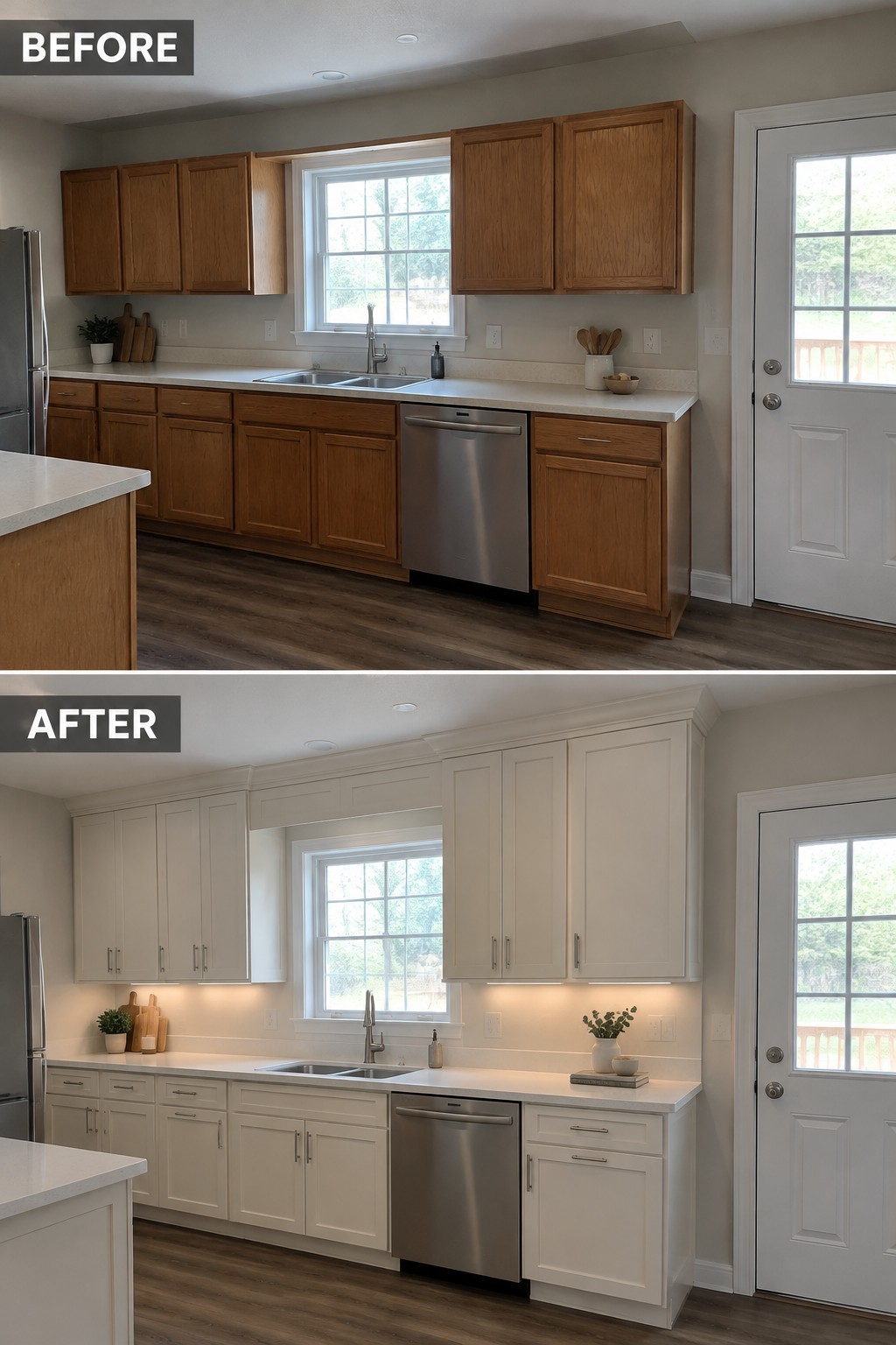 Before-and-after makeover image of a kitchen with dark wood cabinets repainted a light color and updated with simple hardware.
