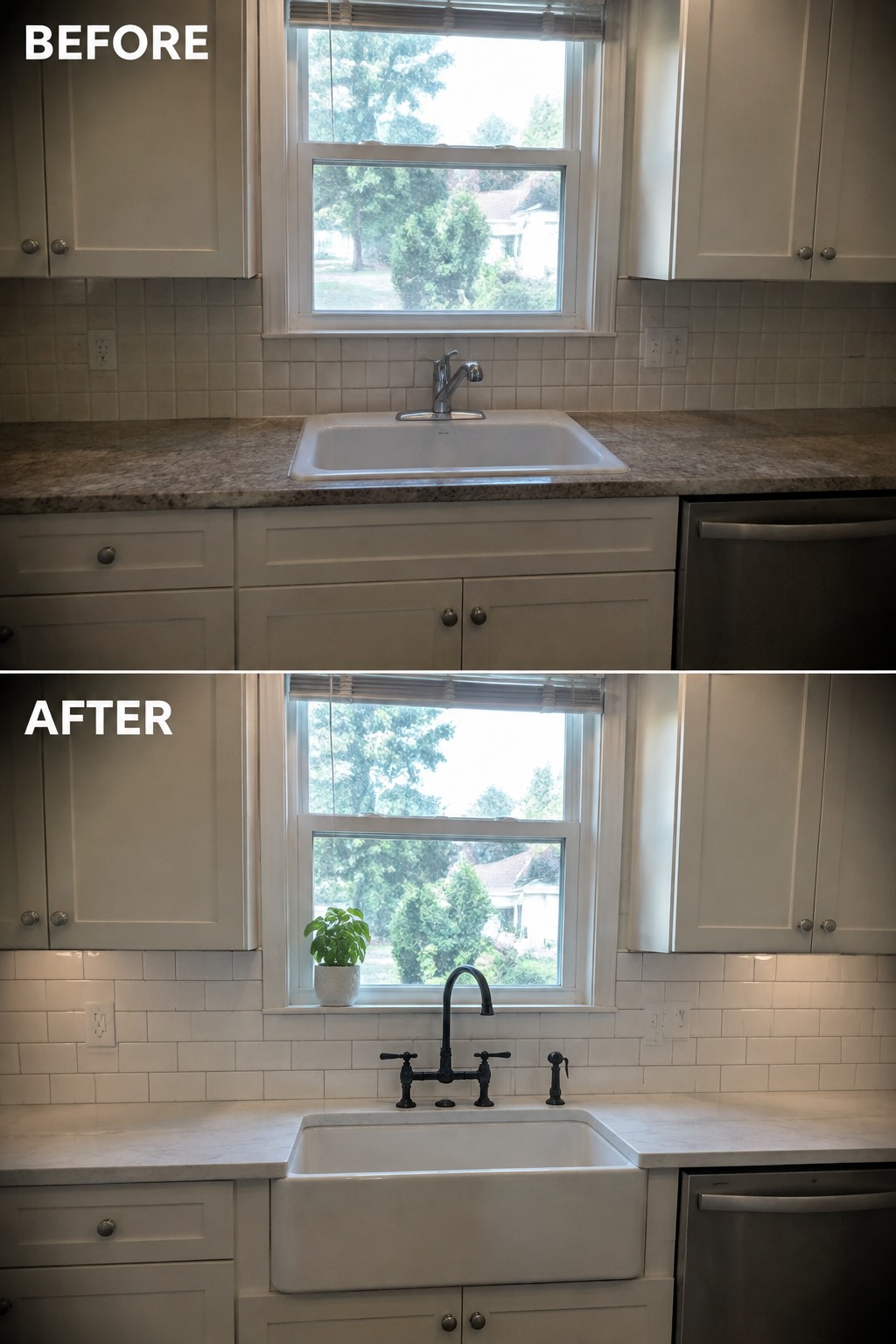 Before-and-after image of a kitchen updated with a white farmhouse sink, dark faucet, and light countertops.