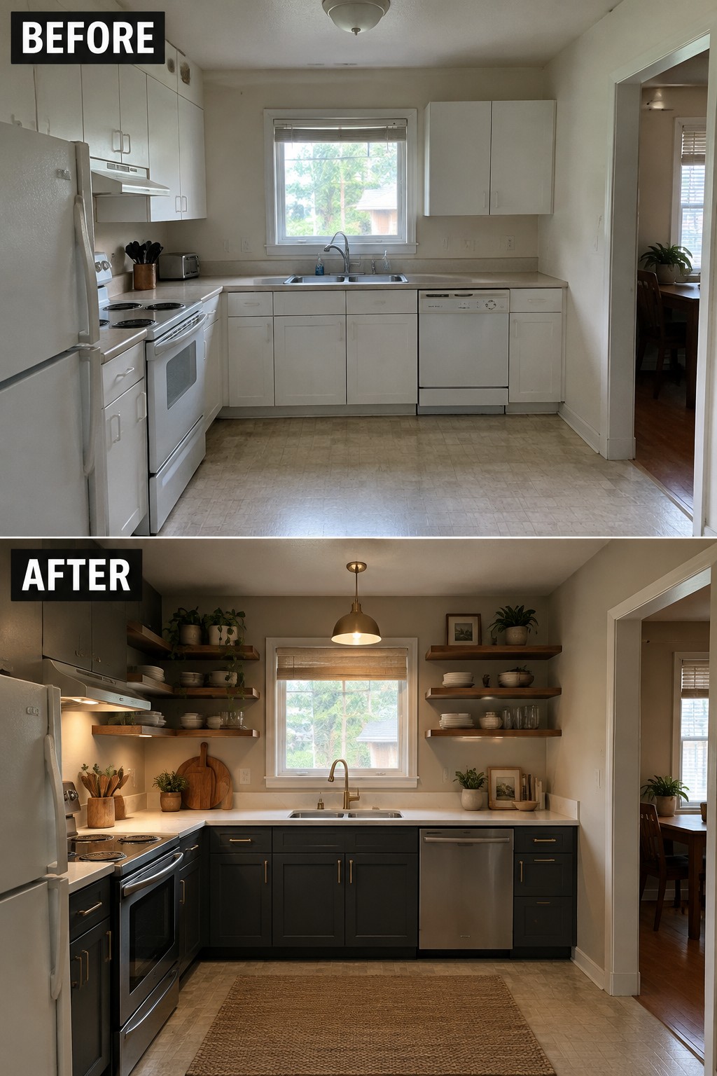 Before-and-after makeover image of a builder-grade kitchen updated with open wood shelving, dark lower cabinets, and a new pendant light.