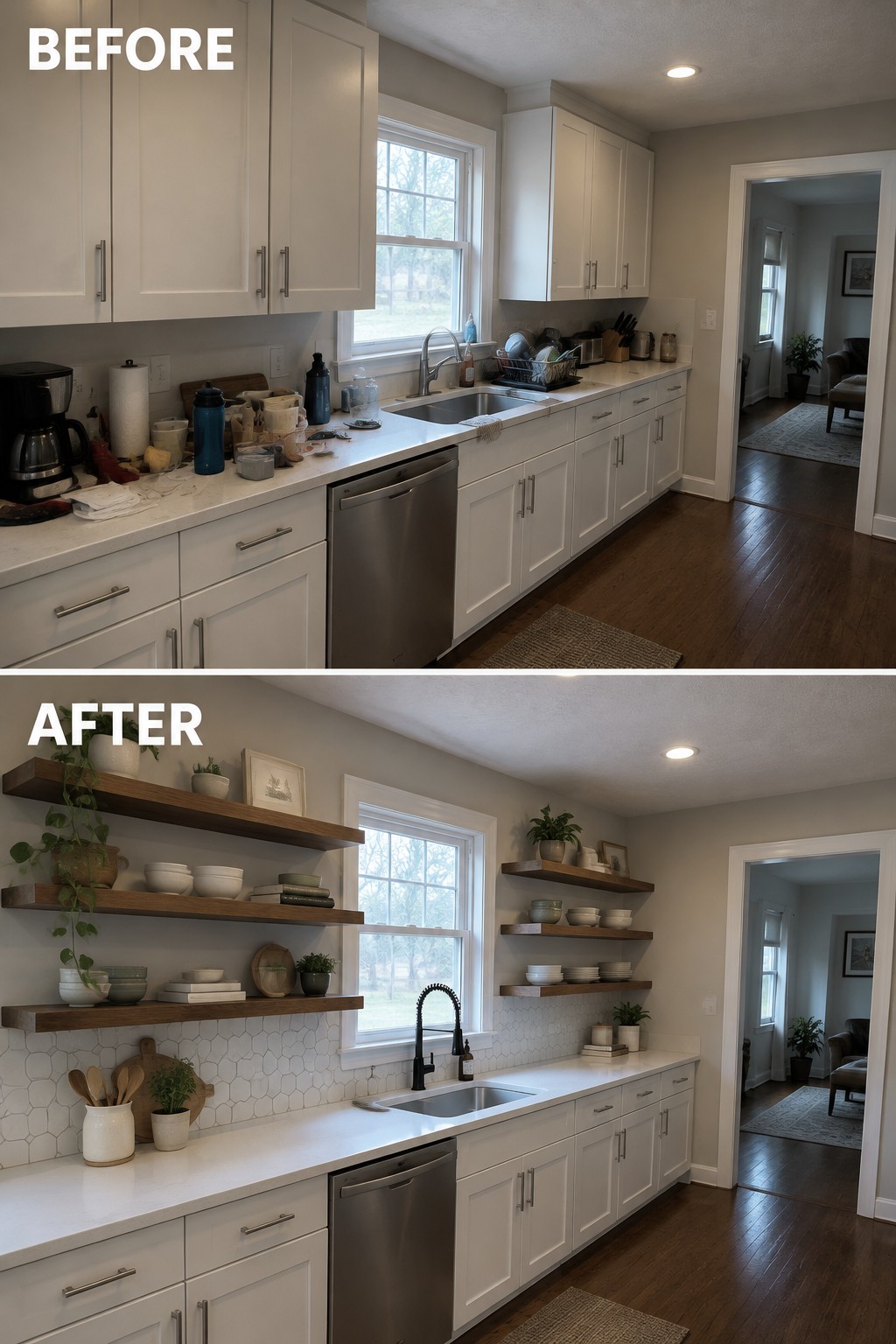 Before-and-after image of a kitchen with upper cabinets replaced by open wooden shelves above the counter.