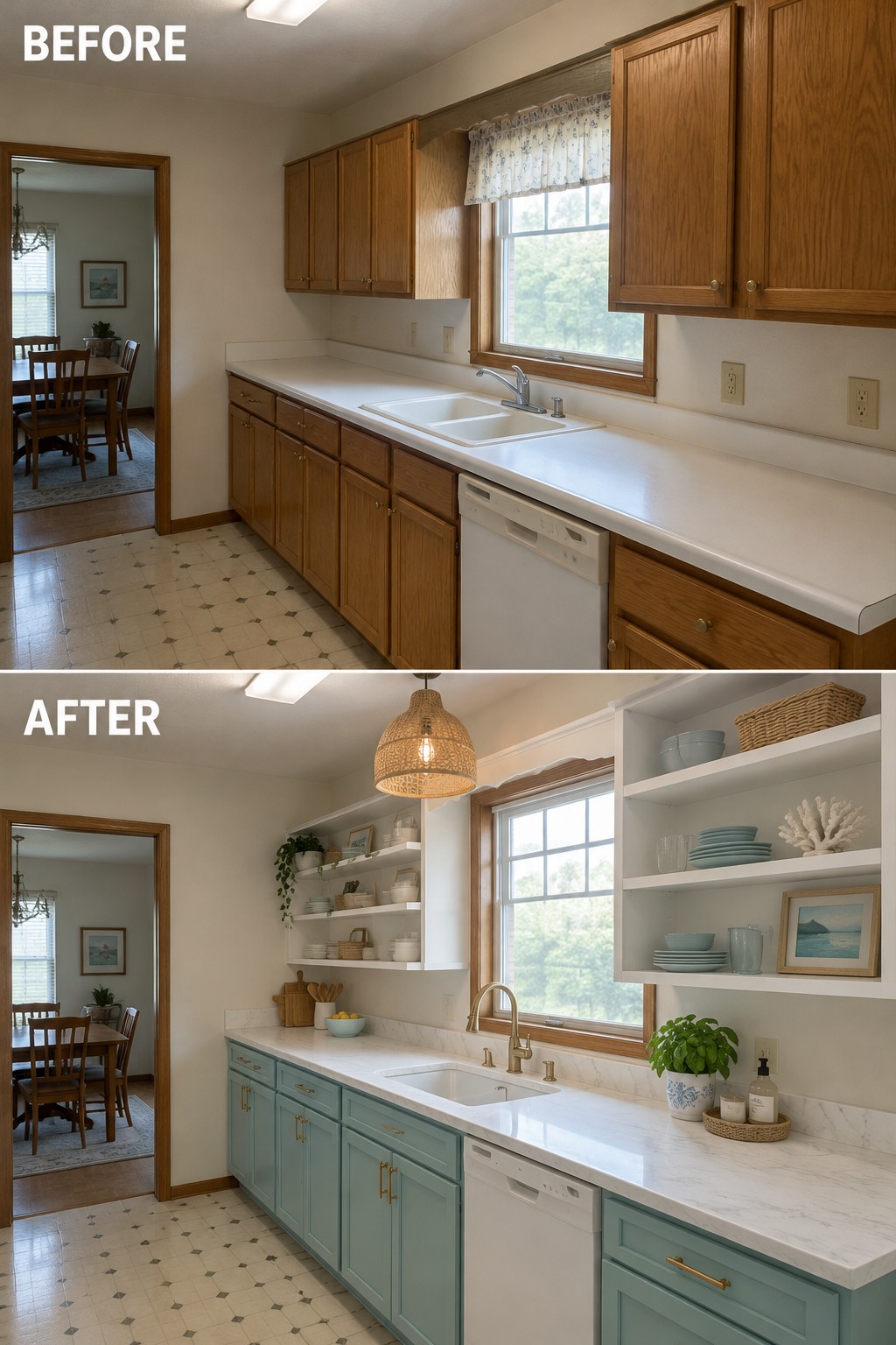 Before-and-after kitchen makeover image showing wood upper cabinets replaced with open shelving and lower cabinets painted blue-green.
