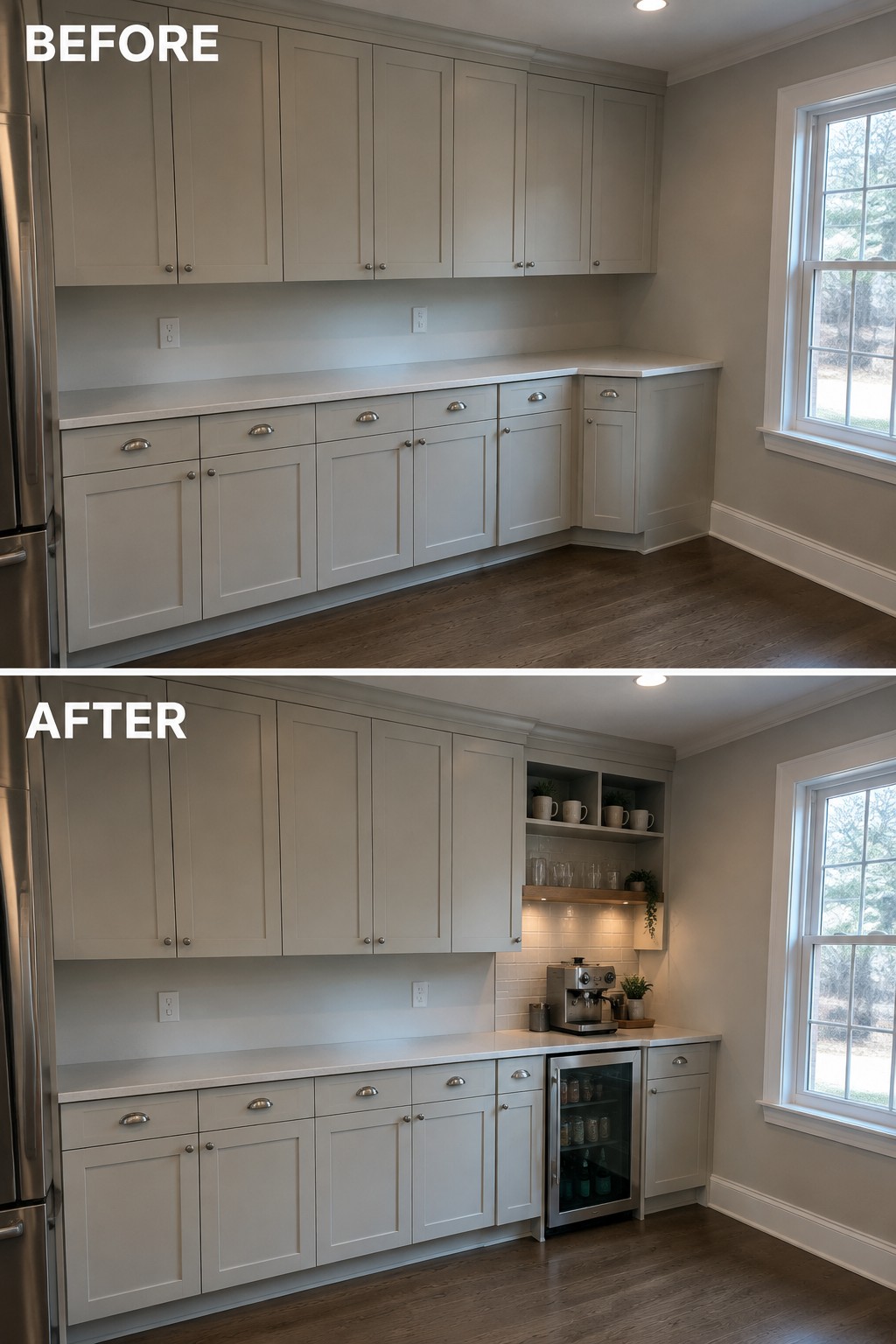 Before-and-after makeover image of a kitchen counter changed from an empty work surface into a coffee station with open shelves and an under-counter beverage fridge.