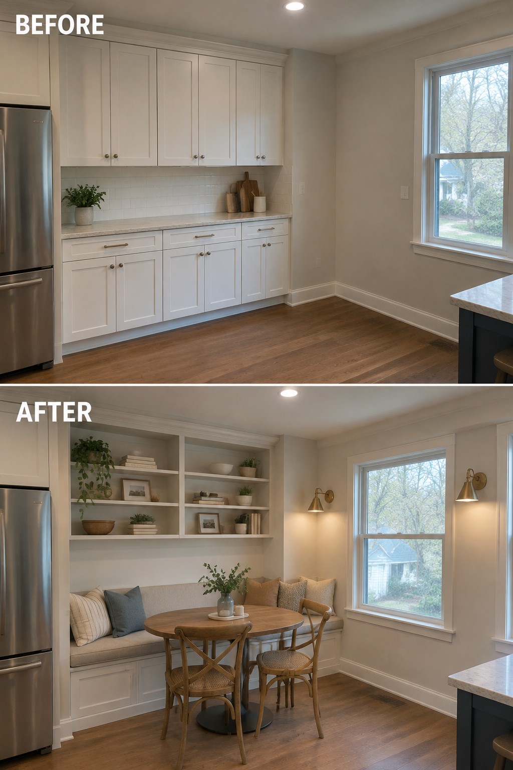 Before-and-after kitchen makeover image showing a cabinet and counter wall changed into a breakfast nook with a built-in bench, open shelves, and a small table.