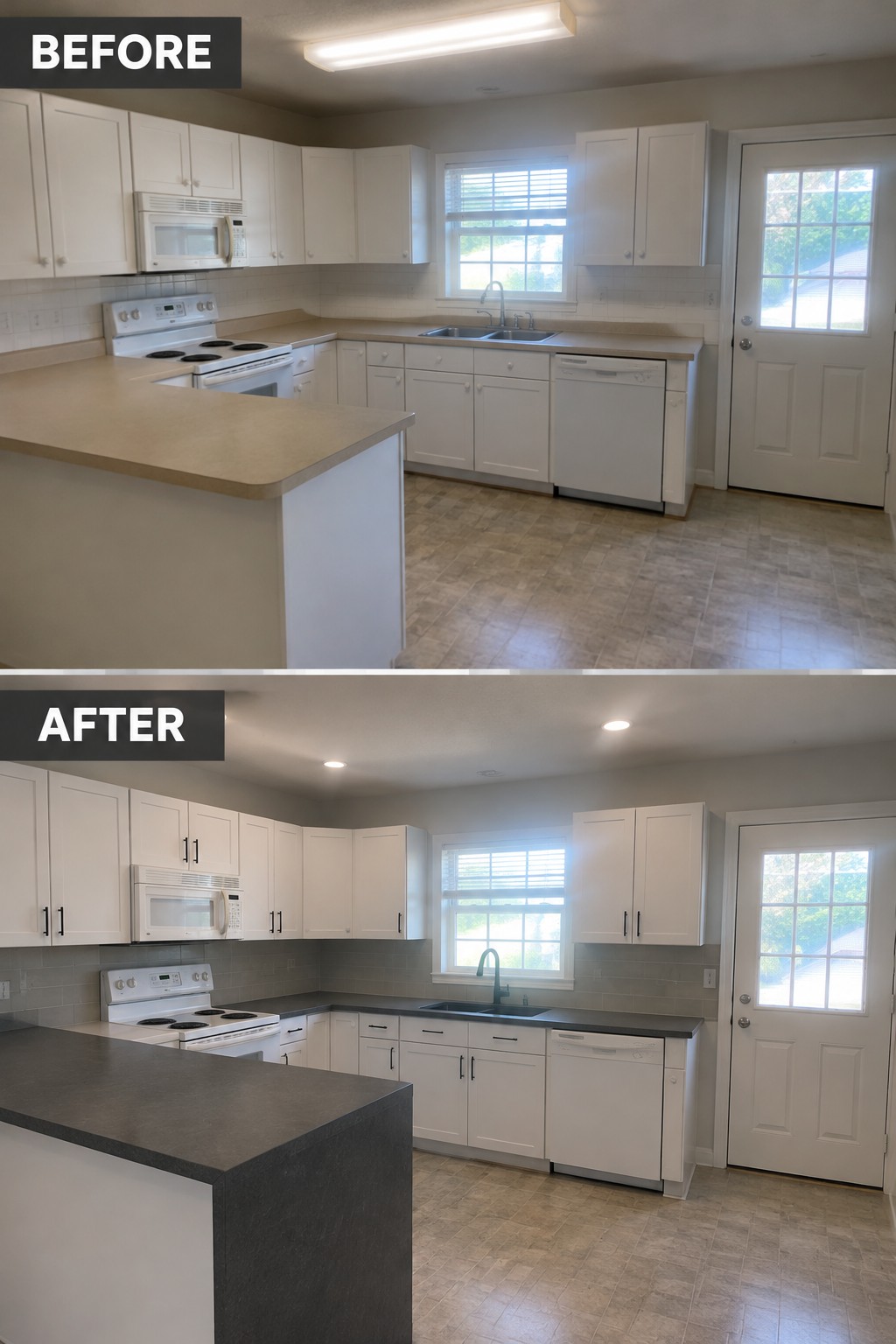 Before-and-after kitchen makeover image showing white cabinets updated with black hardware and a dark countertop.