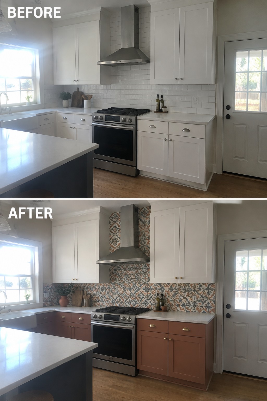 Before-and-after kitchen makeover image showing plain white backsplash tile and white cabinets changed to patterned tile and terracotta-colored lower cabinets.