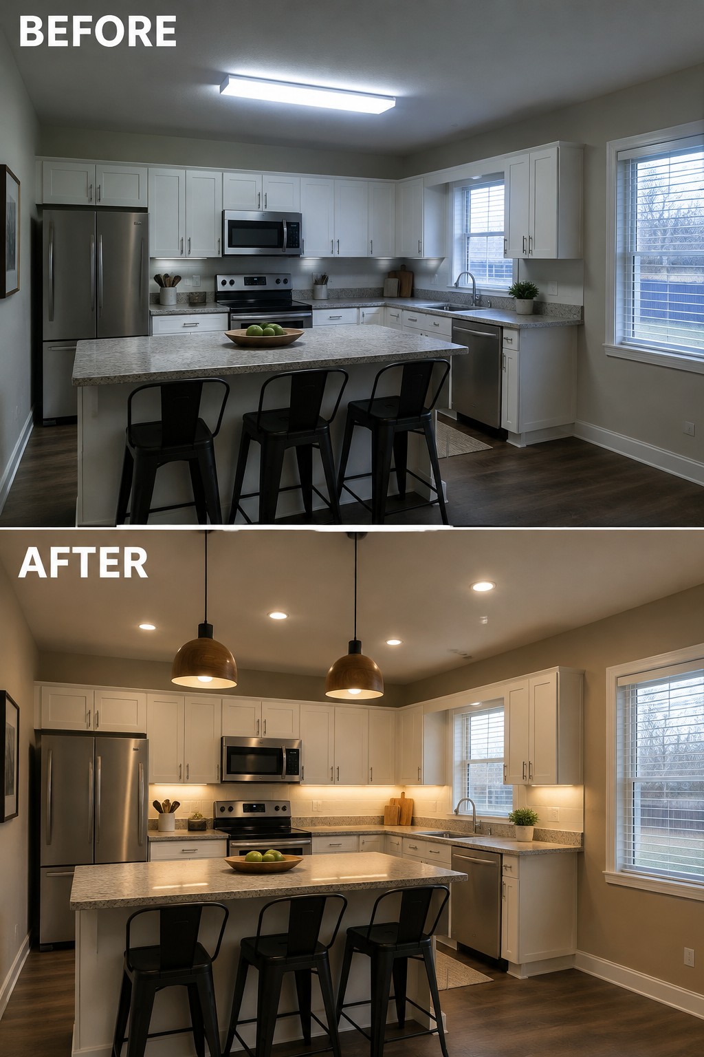 Before-and-after makeover image of a kitchen updated with recessed ceiling lights, pendant lights over the island, and under-cabinet lighting.