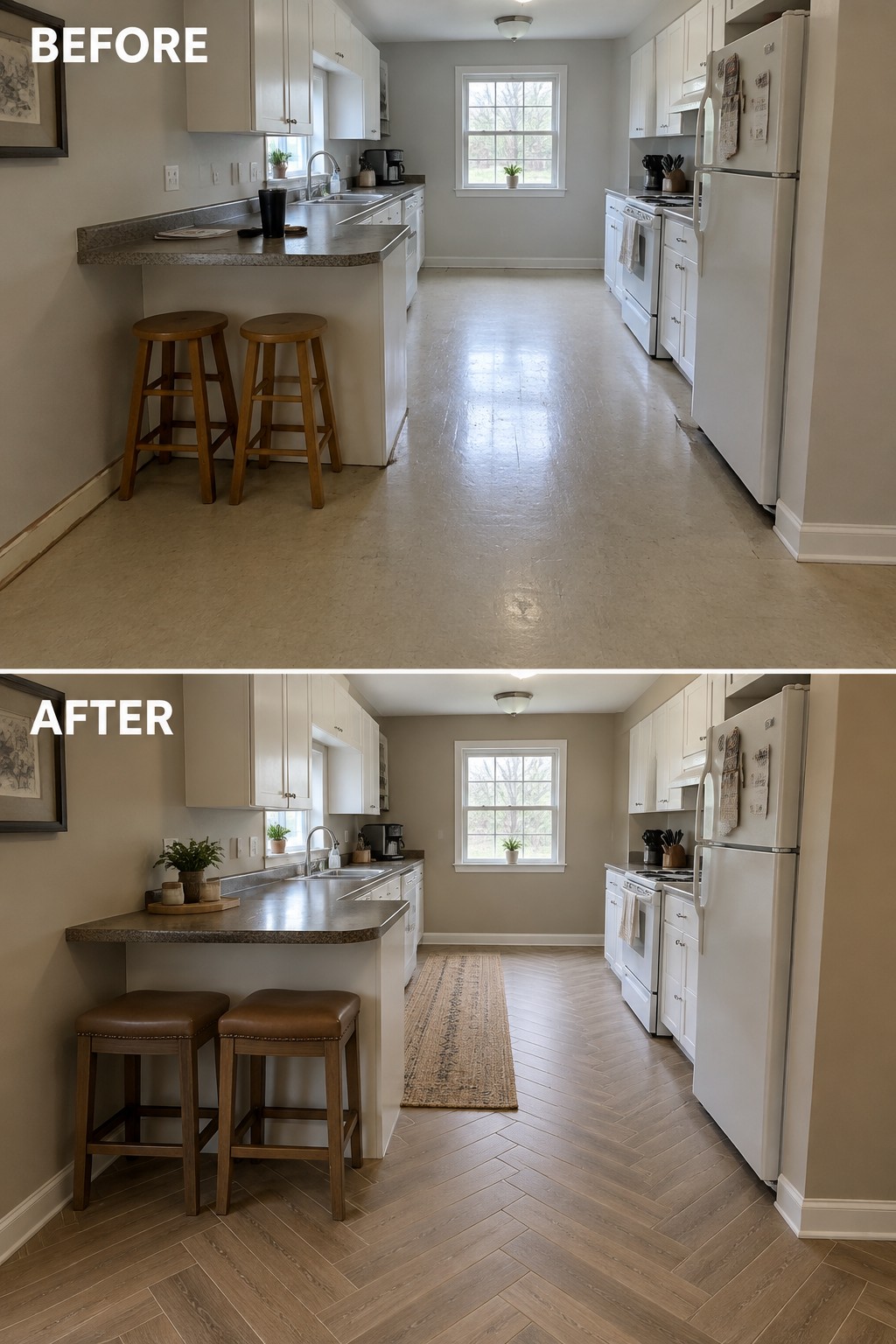 Before-and-after image of a kitchen with worn beige flooring replaced by wood-look tile in a herringbone pattern and a runner rug.