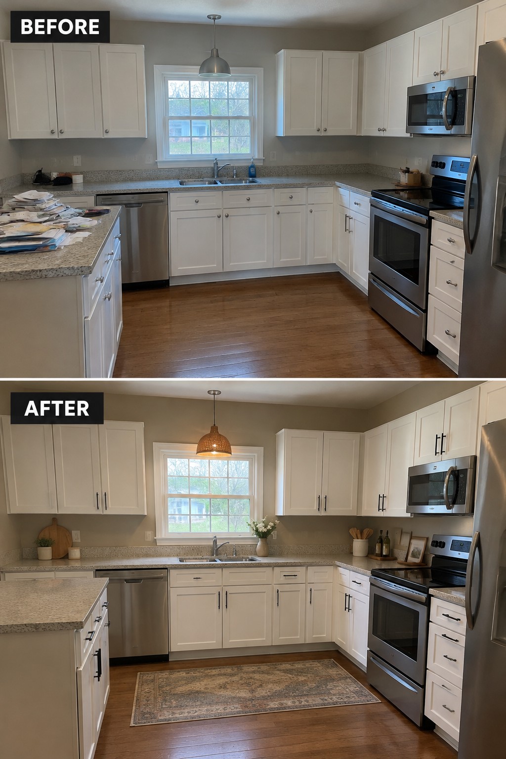 Before-and-after kitchen makeover image showing white cabinets updated with dark hardware and a patterned rug on the wood floor.
