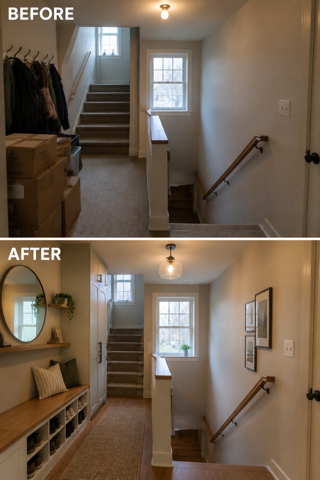 Before-and-after makeover image of a cluttered stair landing changed into an organized entry area with built-in cabinets, shoe cubbies, and a bench.