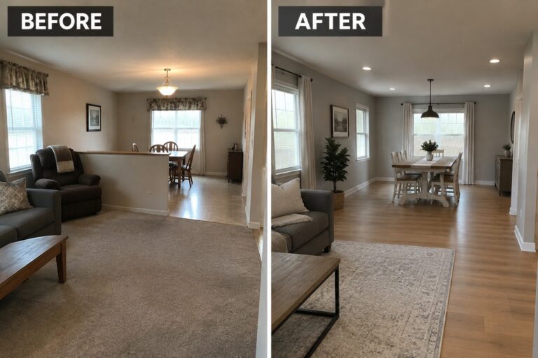 Before-and-after makeover image of an open living and dining area updated with continuous wood flooring and a more open furniture layout.