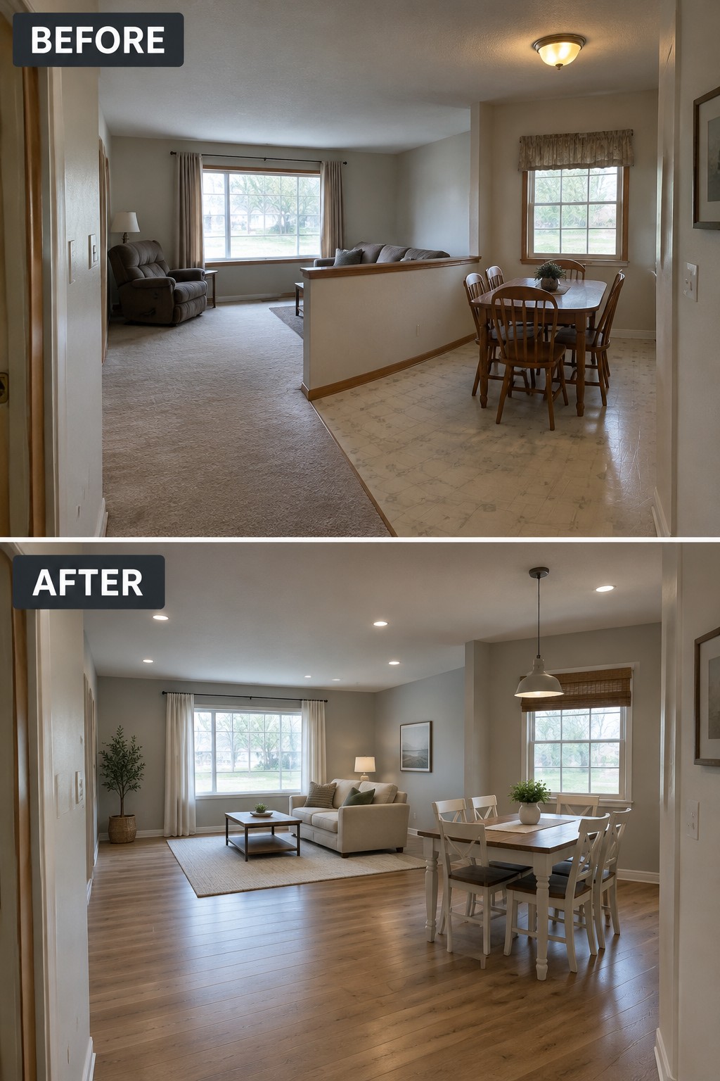 Before-and-after makeover image of an open living and dining area updated with continuous wood flooring and a more open furniture layout.