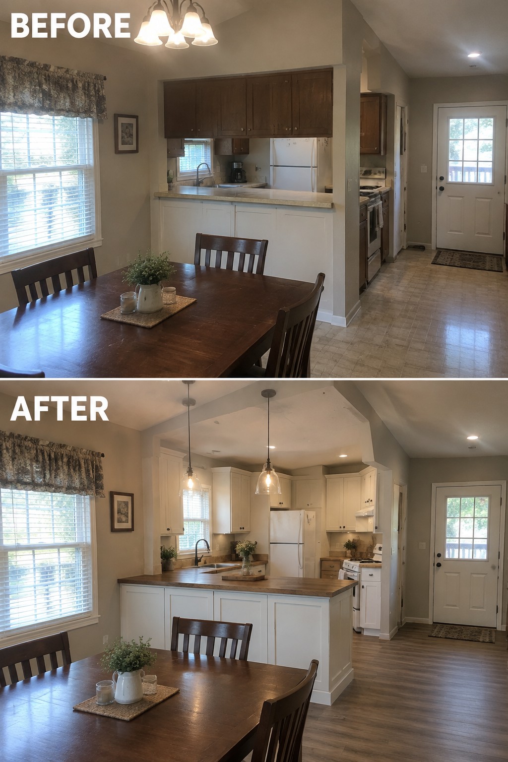 Before-and-after makeover image showing a closed kitchen pass-through replaced by a larger island and updated cabinetry.
