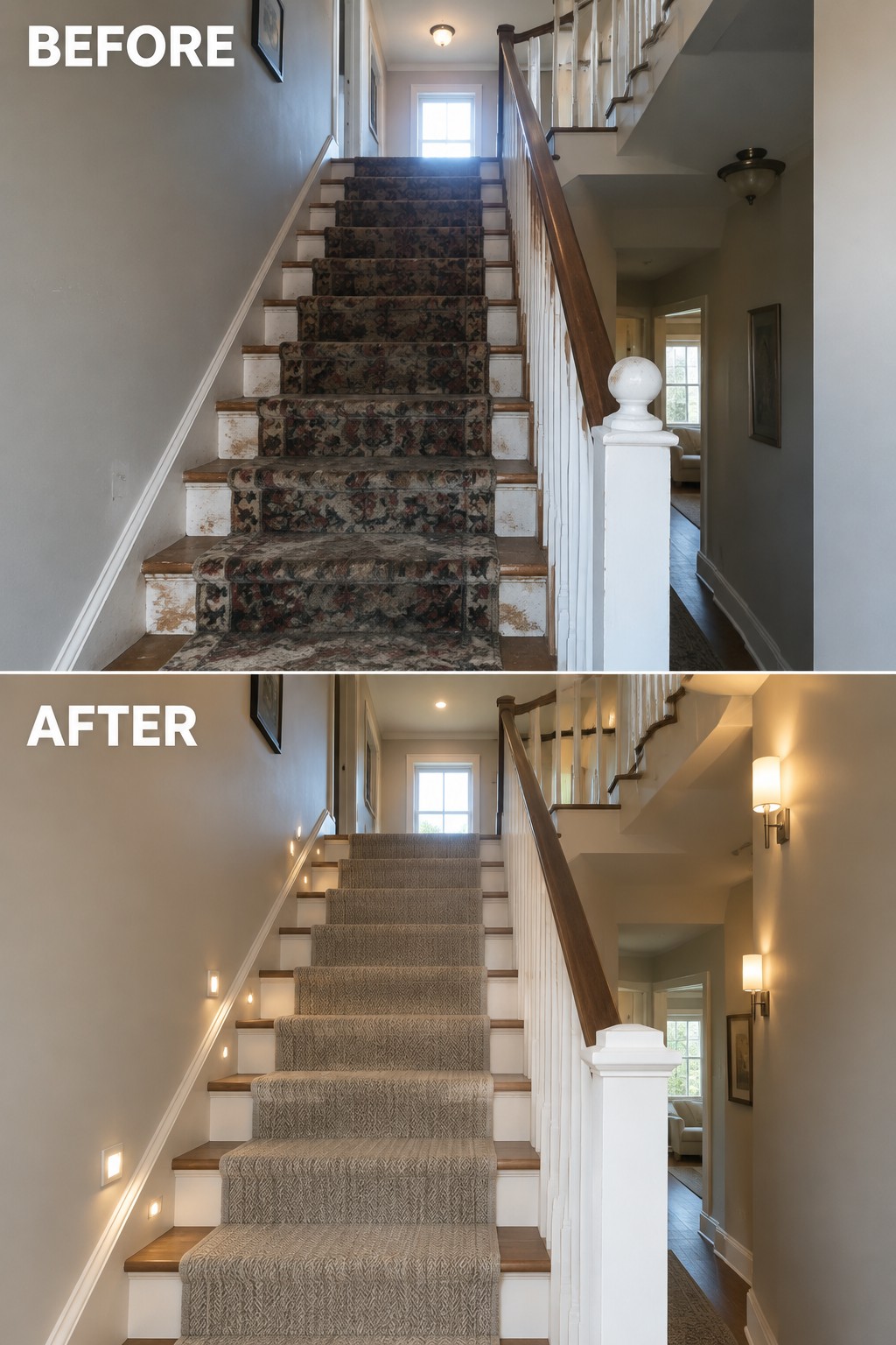 Before-and-after makeover image of a staircase with a worn patterned runner replaced by neutral carpet and refreshed stair lighting.
