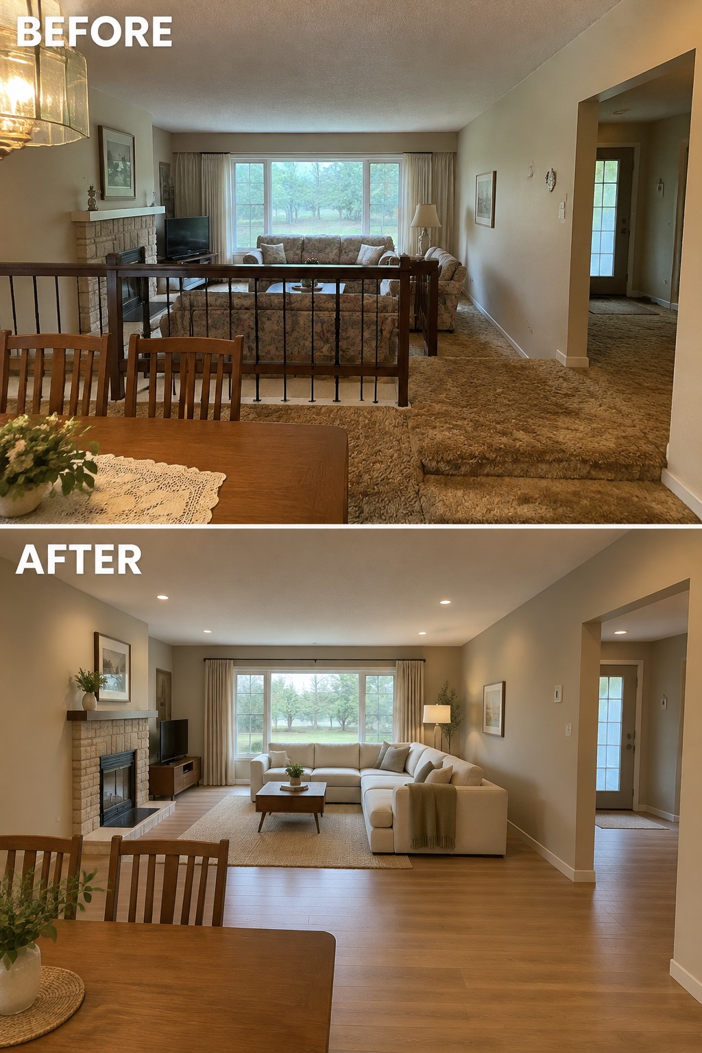 Before-and-after makeover image of a living and dining area, with worn carpet and a railing replaced by wood flooring and an open seating layout.