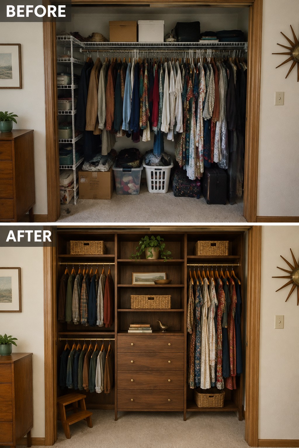Before-and-after makeover image of a crowded closet reorganized with built-in wood shelves, drawers, baskets, and separate hanging sections.