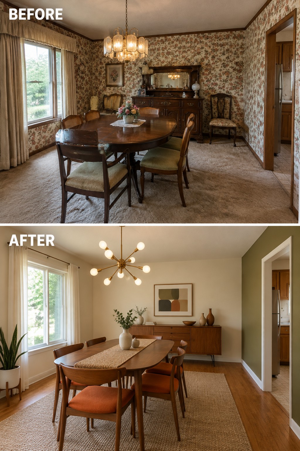Before-and-after makeover image of a dining room updated from floral wallpaper, carpet, and traditional furniture to neutral walls, wood flooring, and modern dining furniture.