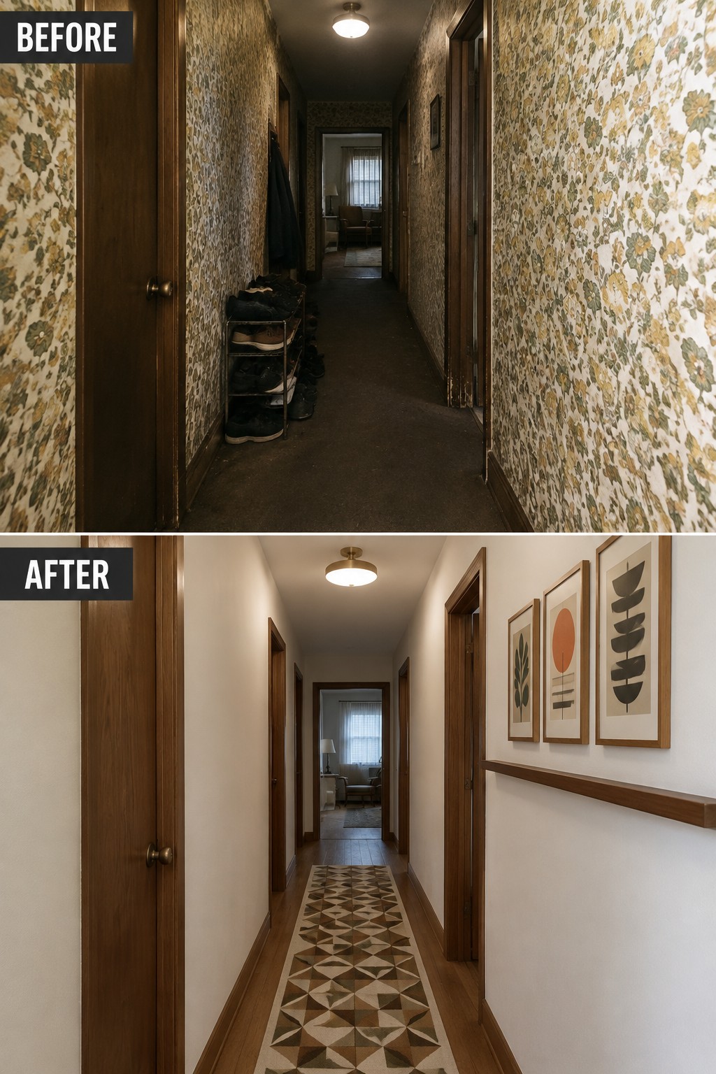 Before-and-after makeover image of a dark hallway with floral wallpaper and shoes changed to a brighter hallway with plain walls, a patterned runner, and framed art.