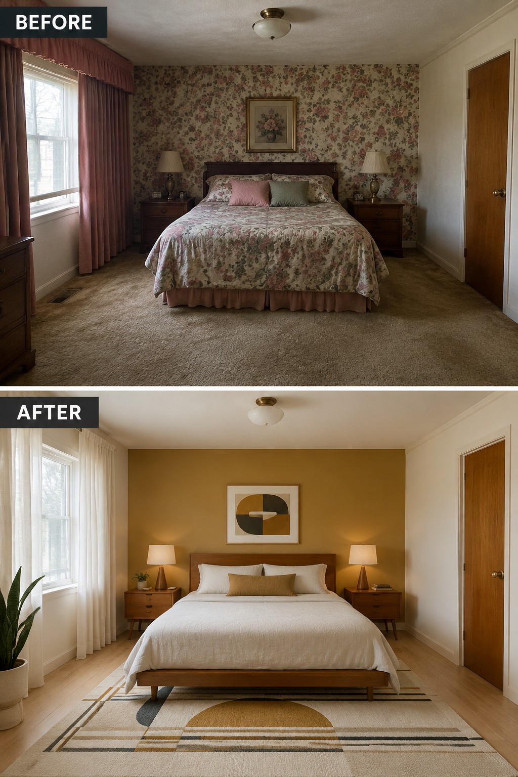 Before-and-after makeover image of a bedroom changed from floral wallpaper and bedding to an ochre accent wall, white linens, and a geometric rug.