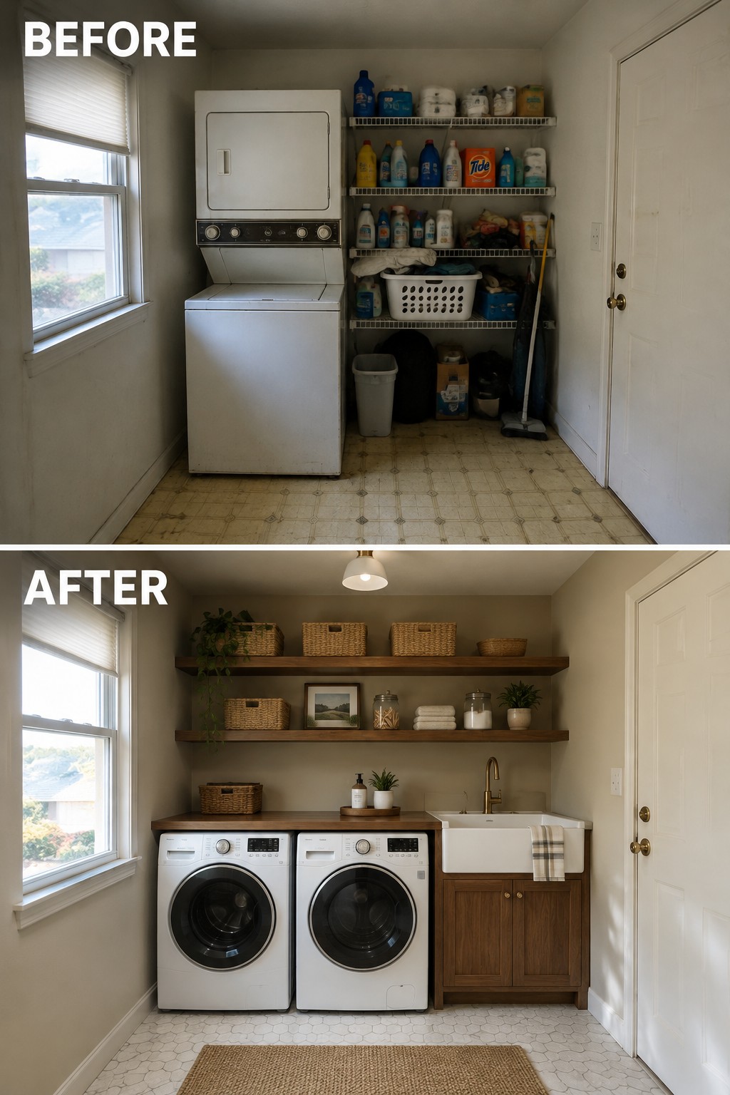 Before-and-after image of a cluttered laundry room updated with side-by-side washers, a counter, a utility sink, and wooden cabinets.