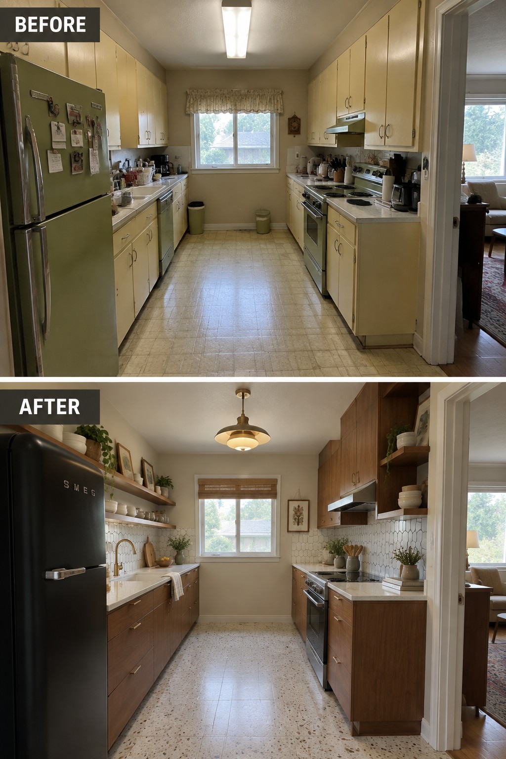 Before-and-after makeover image of a narrow kitchen updated with wood cabinets, open shelves, new counters, and a lighter floor.