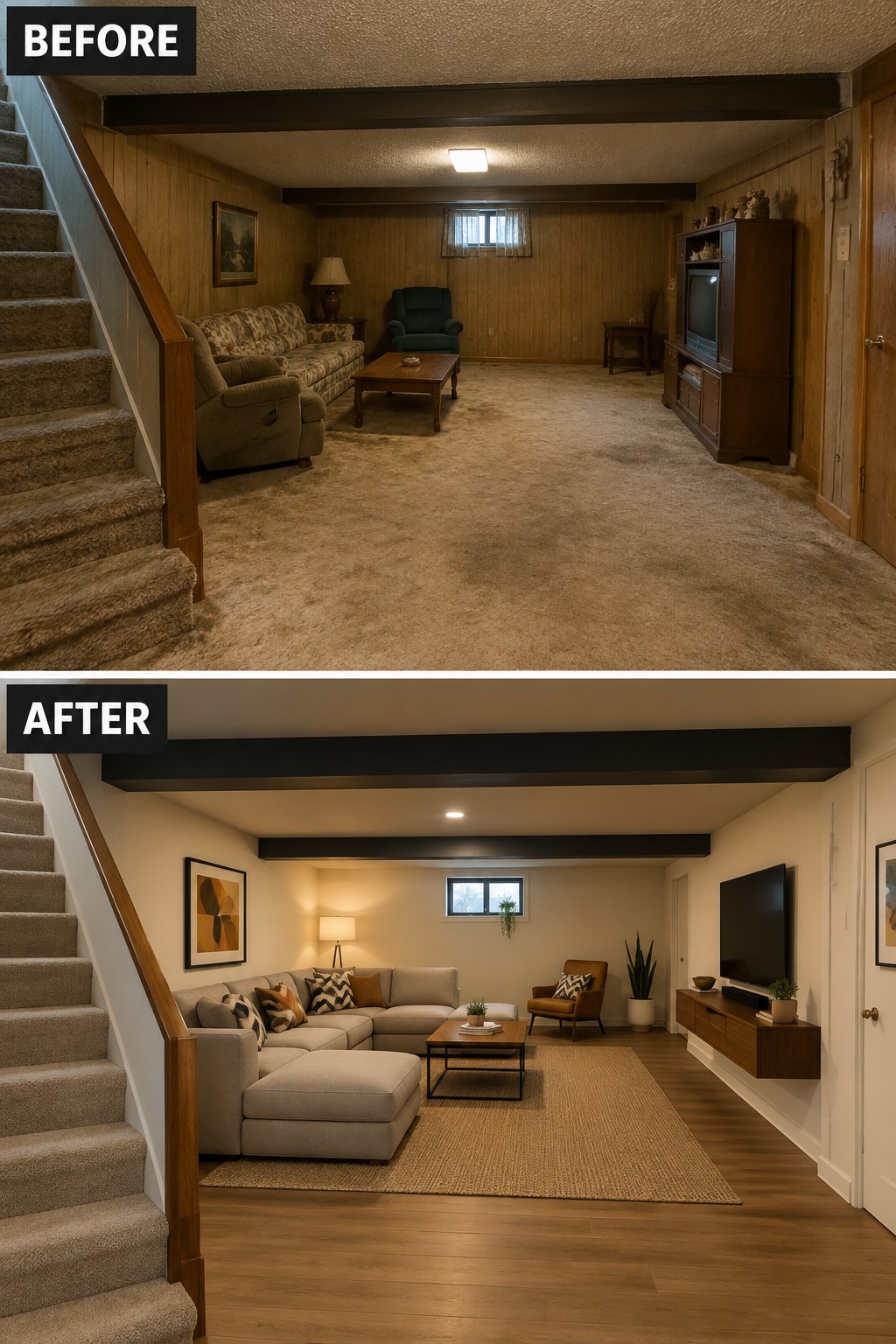 Before-and-after makeover image of a paneled basement living room updated with light walls, wood flooring, a large rug, and modern seating.