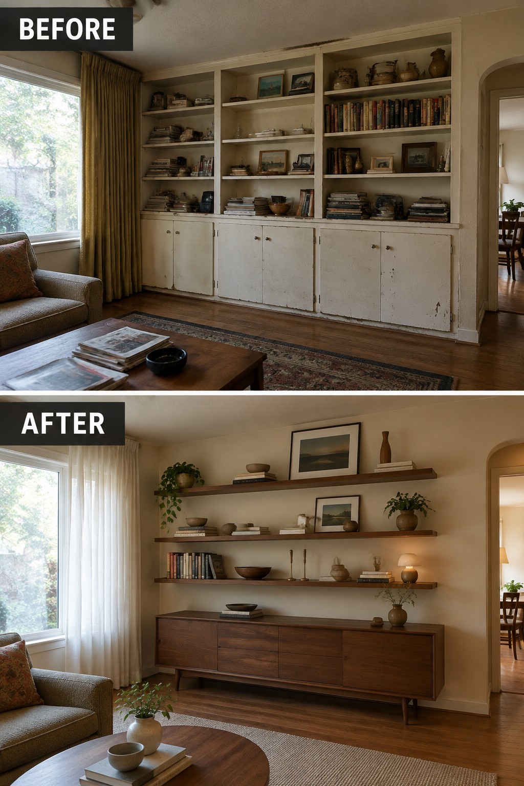 Before-and-after makeover image of a living room with worn built-in shelves changed to open wood shelves and a low cabinet.