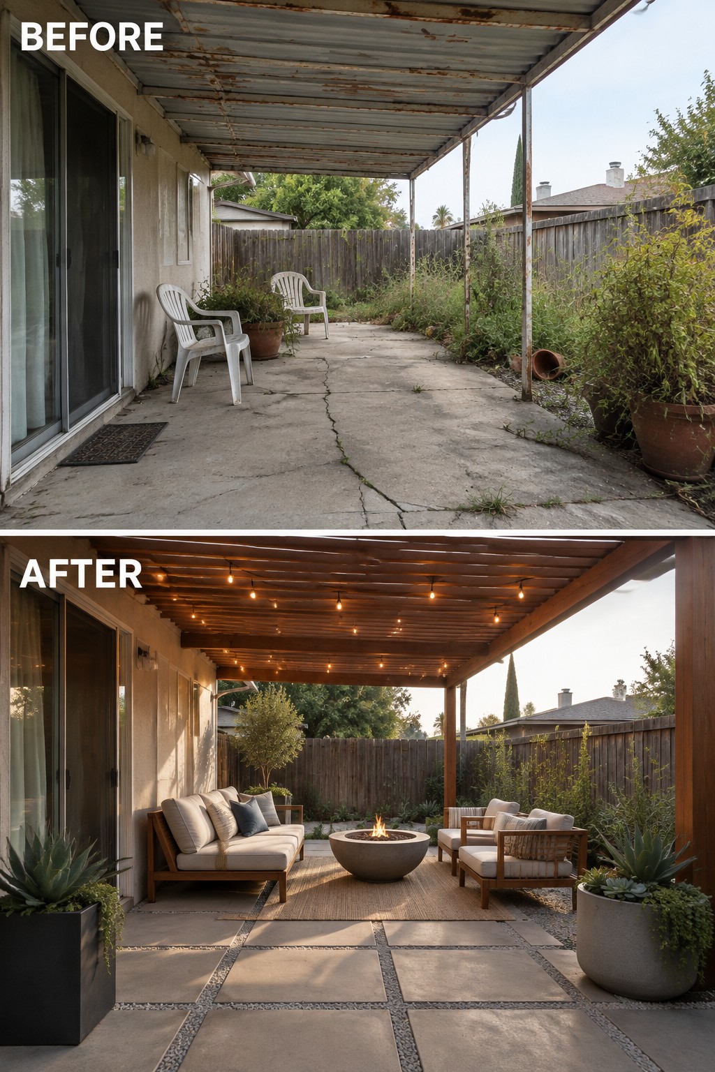 Before-and-after makeover image of a bare covered concrete patio changed into an outdoor seating area with a rug, lounge furniture, and a fire pit.