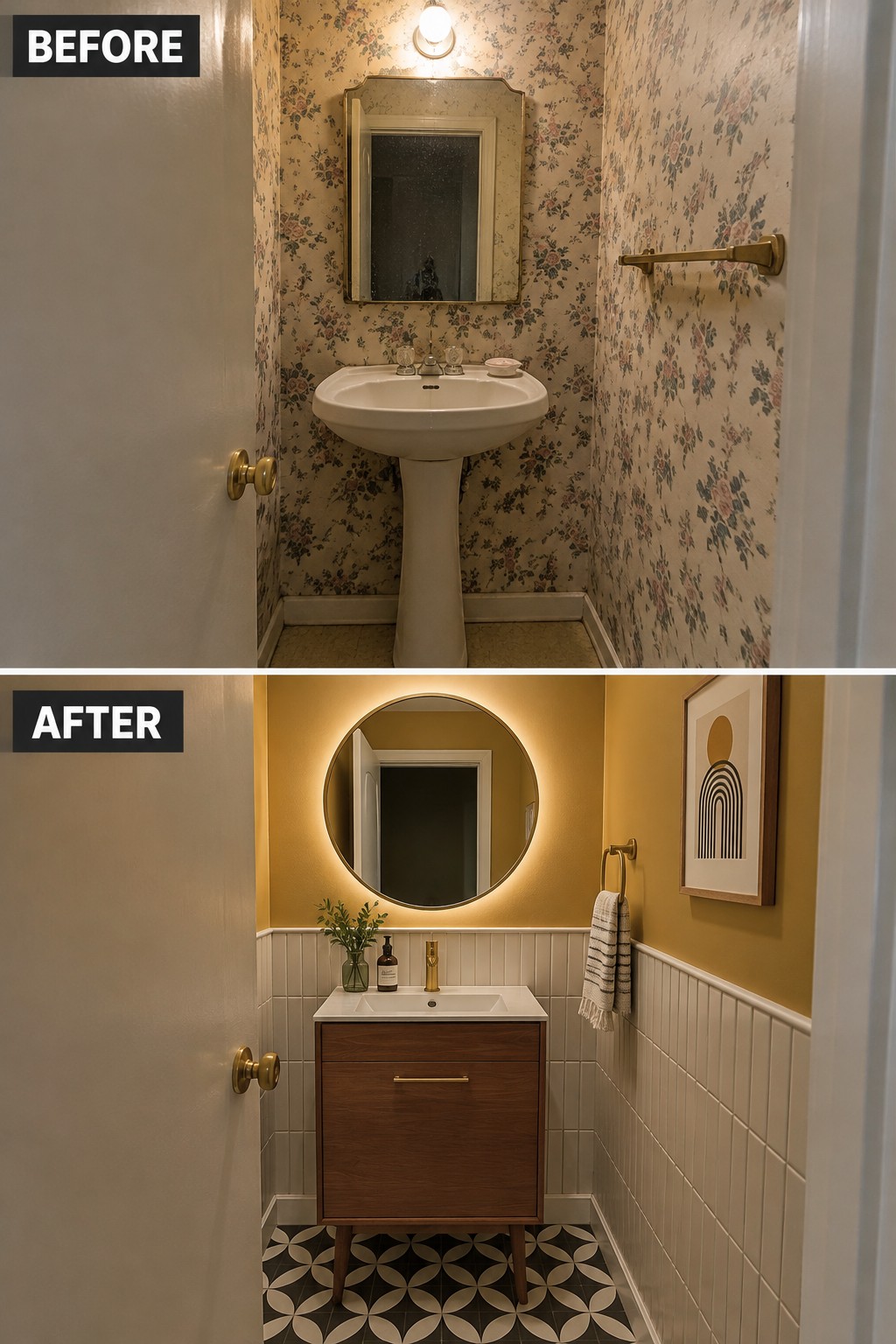 Before-and-after makeover image of a small powder room changed from floral wallpaper and a pedestal sink to a wood vanity, paneled walls, and a round mirror.