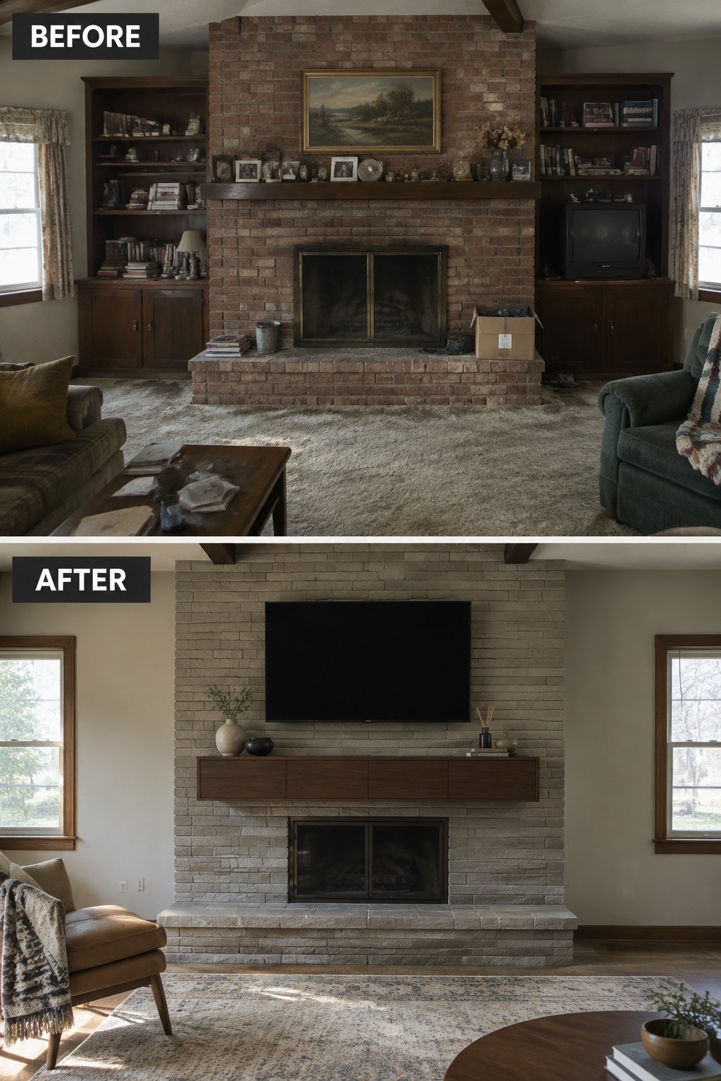 Before-and-after makeover image of a living room fireplace wall updated from red brick with crowded built-ins to light stone with a floating cabinet and wall-mounted TV.