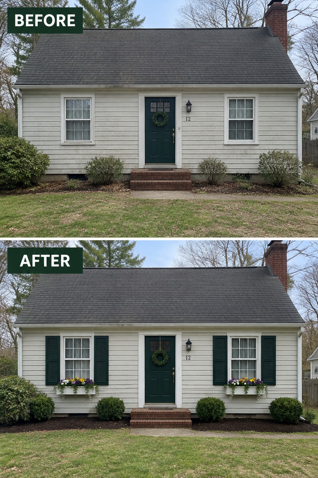 Before-and-after makeover image of a Colonial-style house with dark green shutters added beside the front windows and matching window boxes below.