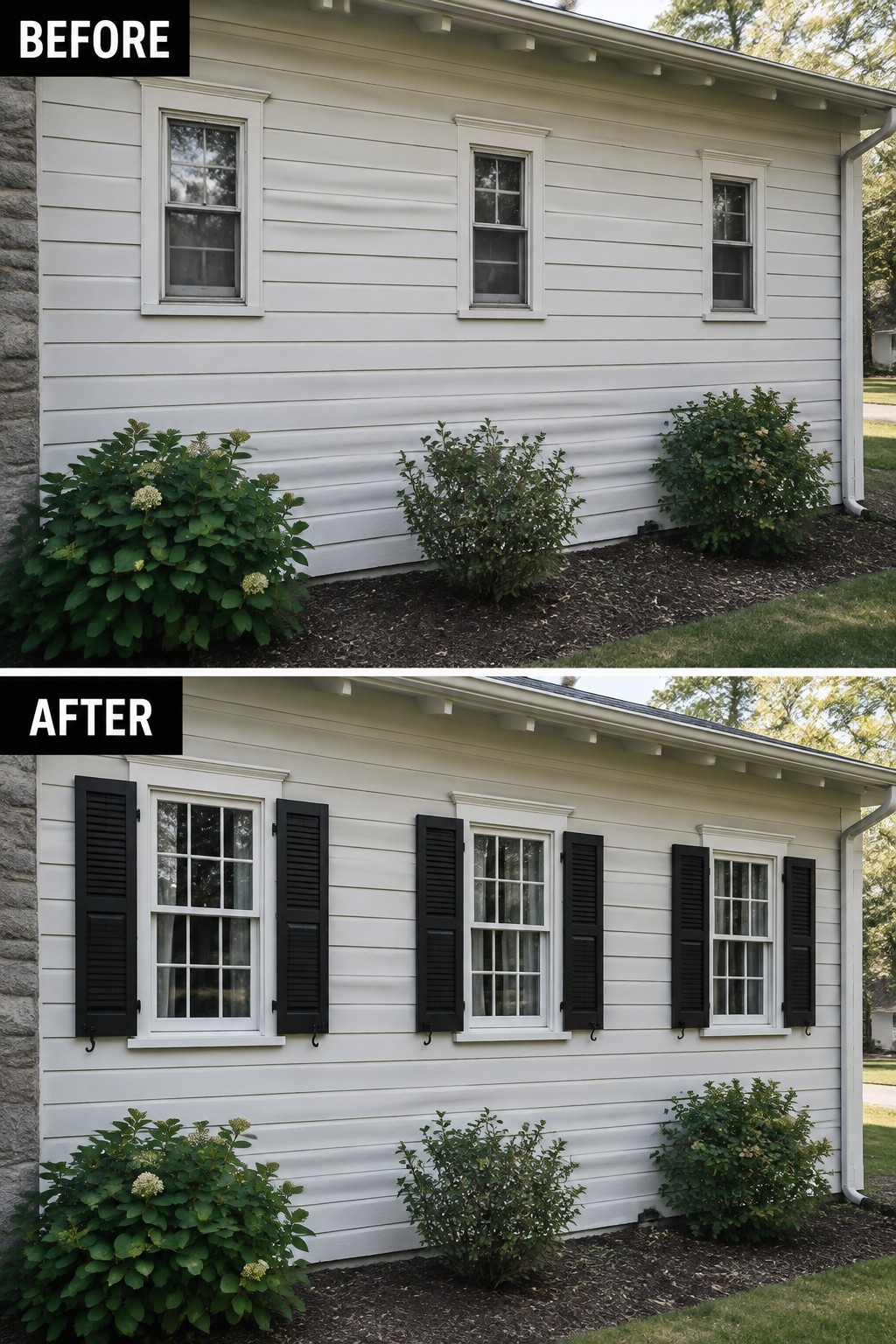 Before-and-after makeover image of a white house exterior with narrow windows updated with black shutters and divided window panes.