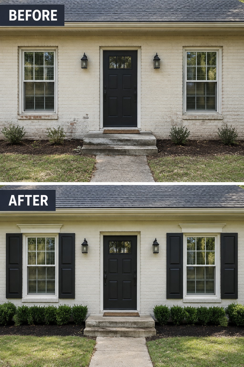 Before-and-after image of a Colonial brick house with plain windows updated with dark shutters and simple window trim.