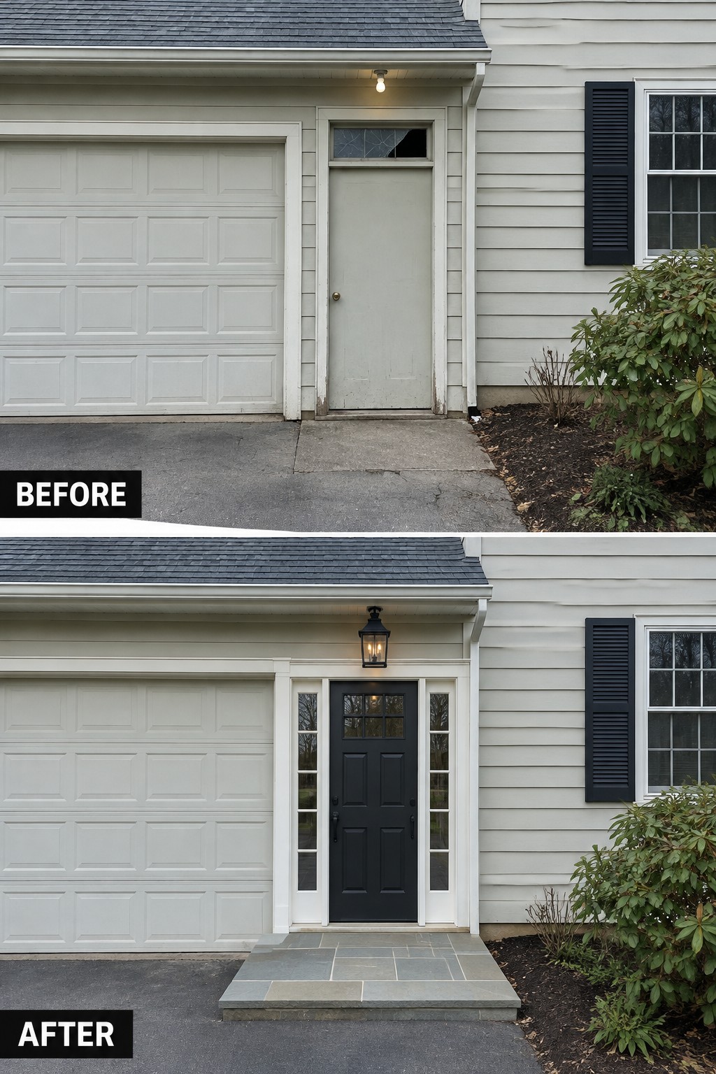 Before-and-after makeover image of a Colonial house entry, changed from a plain side door and concrete walkway to a black paneled door with sidelights and a stone landing.