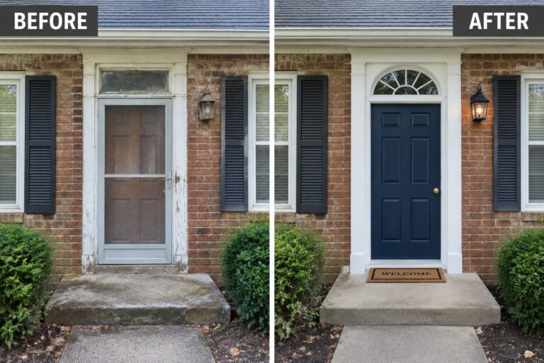 20 Colonial House Remodel Ideas Featuring Classic Windows and Entryways Before-and-after makeover image of a brick Colonial home entry updated with a navy blue front door and refreshed white trim.