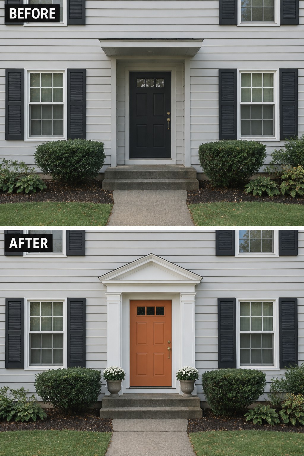 Before-and-after makeover image of a Colonial-style house entry updated with a white pediment and trim and a warm wood-toned front door.