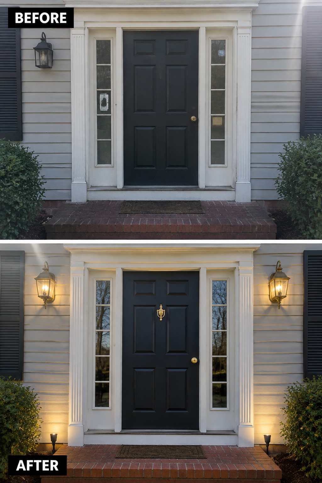 Before-and-after makeover image of a Colonial home entry, updated with illuminated lanterns and a brass door knocker.