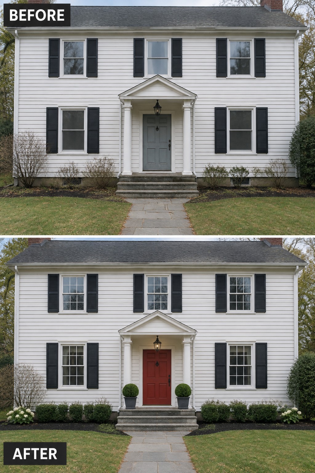 Before-and-after makeover image of a Colonial house with a muted front door changed to a deep red door and updated foundation plantings.