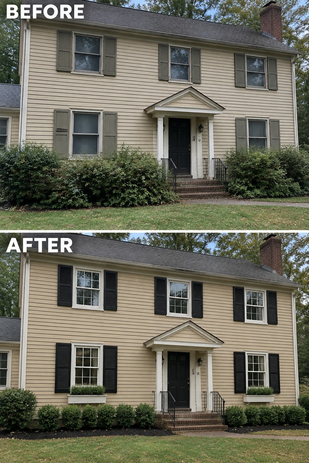 Before-and-after makeover image of a Colonial house with updated black shutters and neatly trimmed foundation plantings.