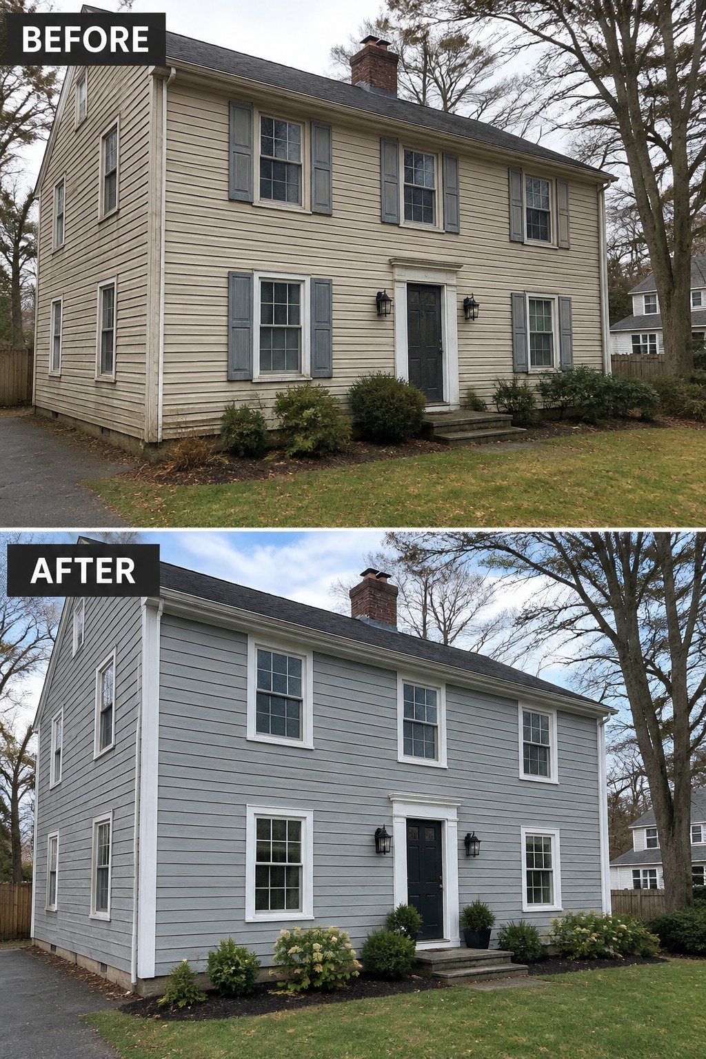 Before-and-after makeover image of a Colonial house with beige siding and blue-gray shutters changed to gray siding with white window trim.