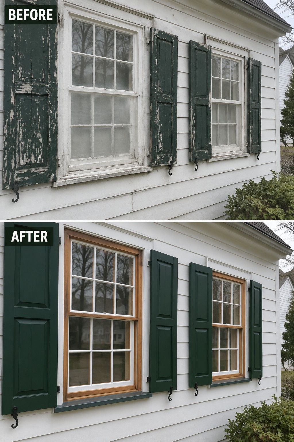 Before-and-after makeover image of a colonial house with peeling green shutters and white window trim updated with fresh dark green shutters and natural wood window trim.