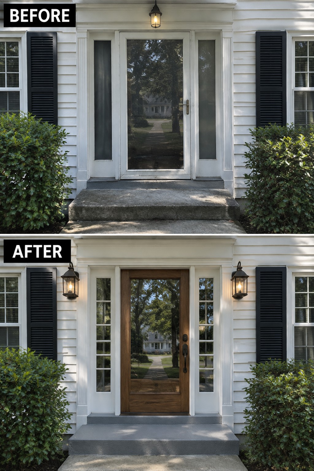 Before-and-after makeover image of a Colonial home entry updated from a glass door with narrow sidelights to a wood door with divided-light sidelights and matching wall lanterns.