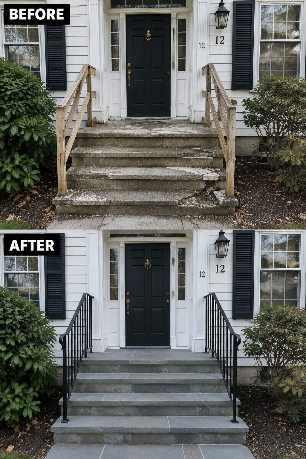 Before-and-after makeover image of a Colonial house entry with cracked concrete steps and wooden rails replaced by stone steps and black metal railings.