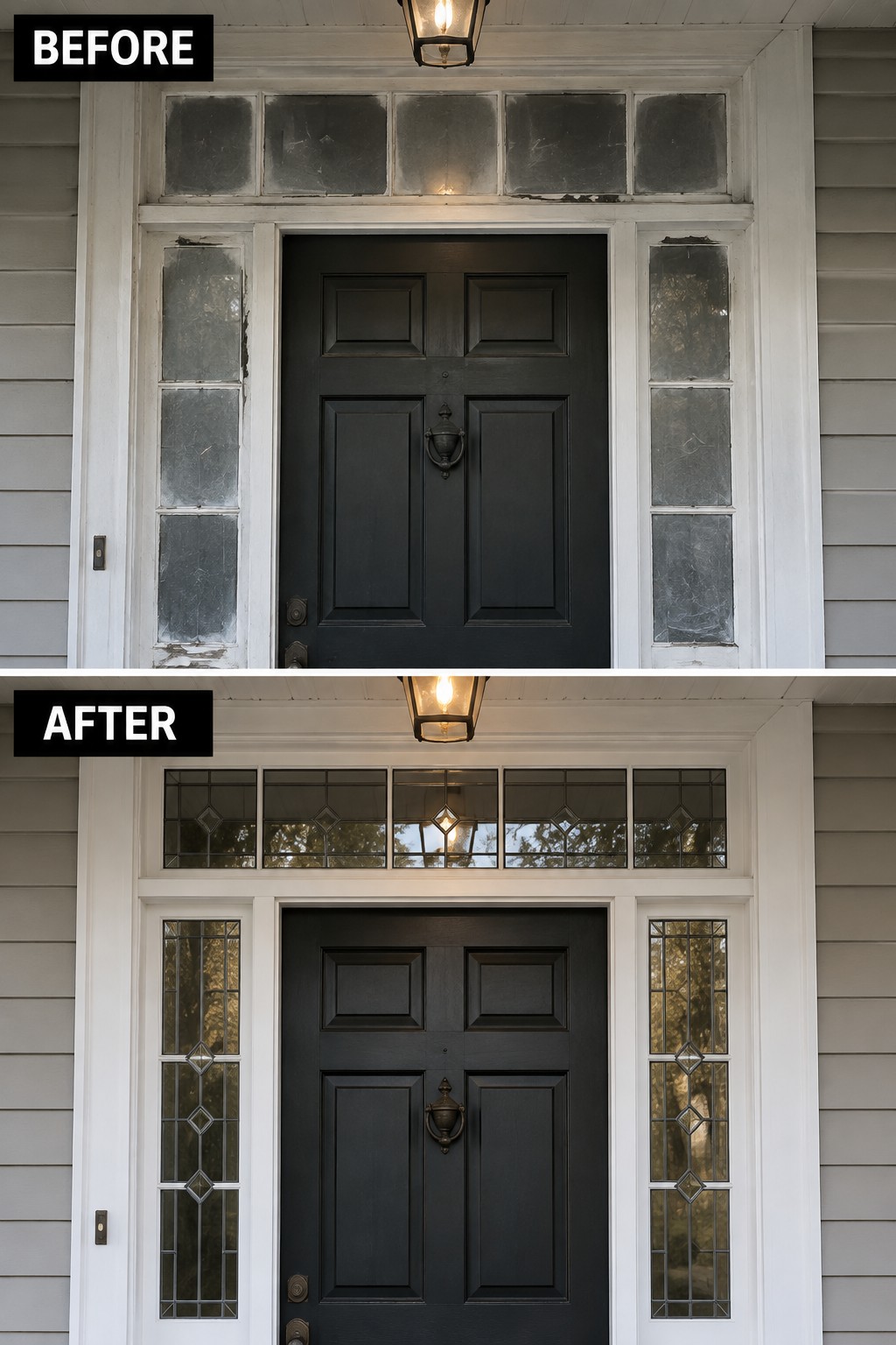 Before-and-after makeover image of a Colonial front entry with cloudy glass in the transom and sidelights replaced by clear glass with decorative leaded patterns.
