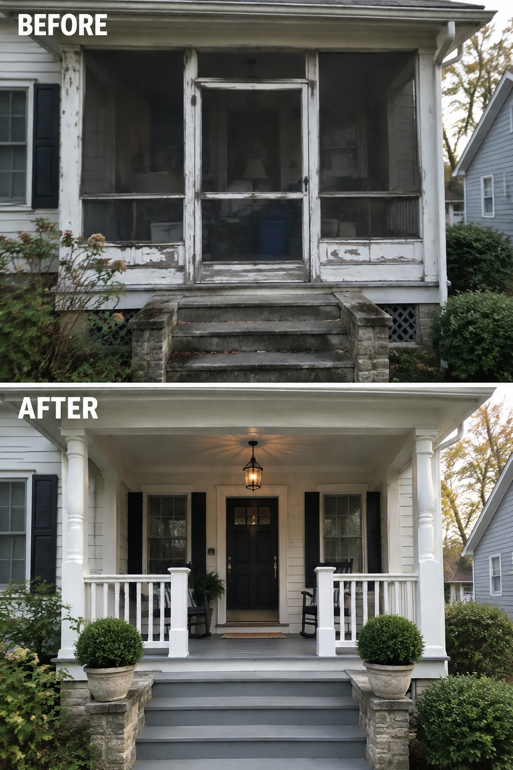 Before-and-after image of a Colonial home with a worn screened porch replaced by an open porch with white railings and a dark front door.