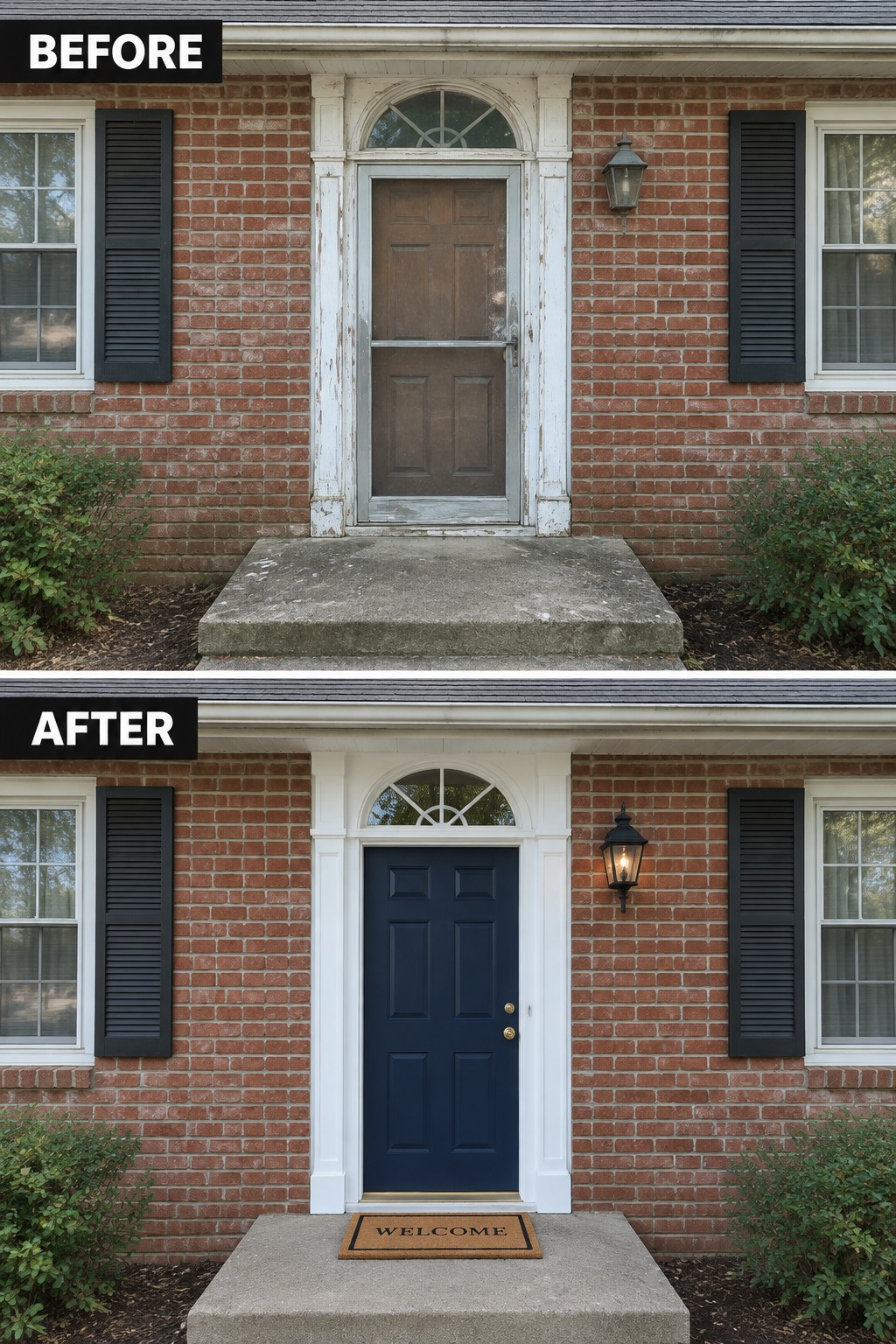 Before-and-after makeover image of a brick Colonial home entry updated with a navy blue front door and refreshed white trim.