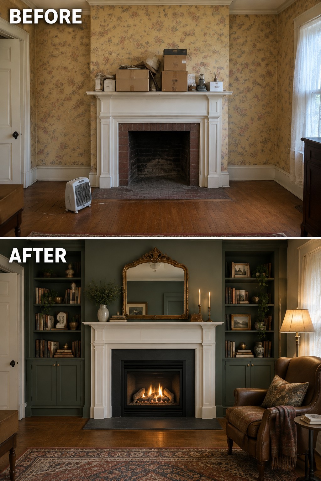 Before-and-after makeover image of a room with a cluttered fireplace wall changed to a fireplace with built-in shelves, a mirror, and a lit insert.