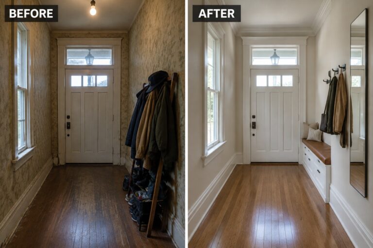 Before-and-after makeover image of a narrow entry hall changed from a cluttered coat and shoe area to a bright hall with a built-in bench, wall hooks, and a mirror.