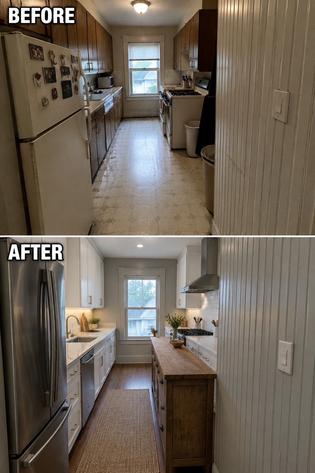 Before-and-after makeover image of a narrow kitchen updated with white cabinets, stainless steel appliances, wood flooring, and a slim island.